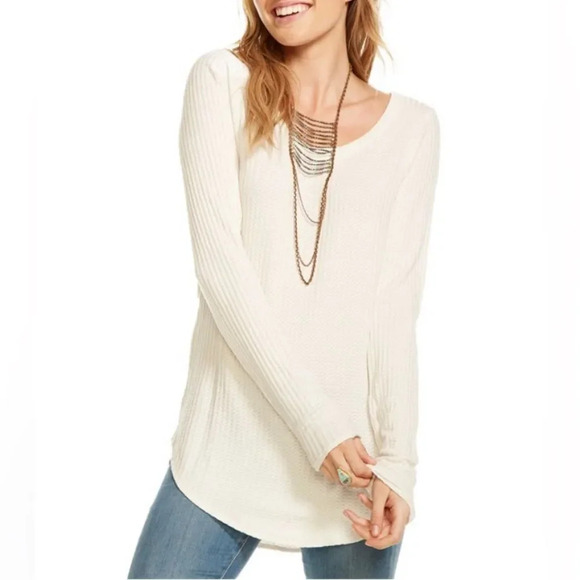 NWT Chaser Long Sleeve V Back Waffle Thermal Tee in Rice MSRP $129 - Picture 1 of 8
